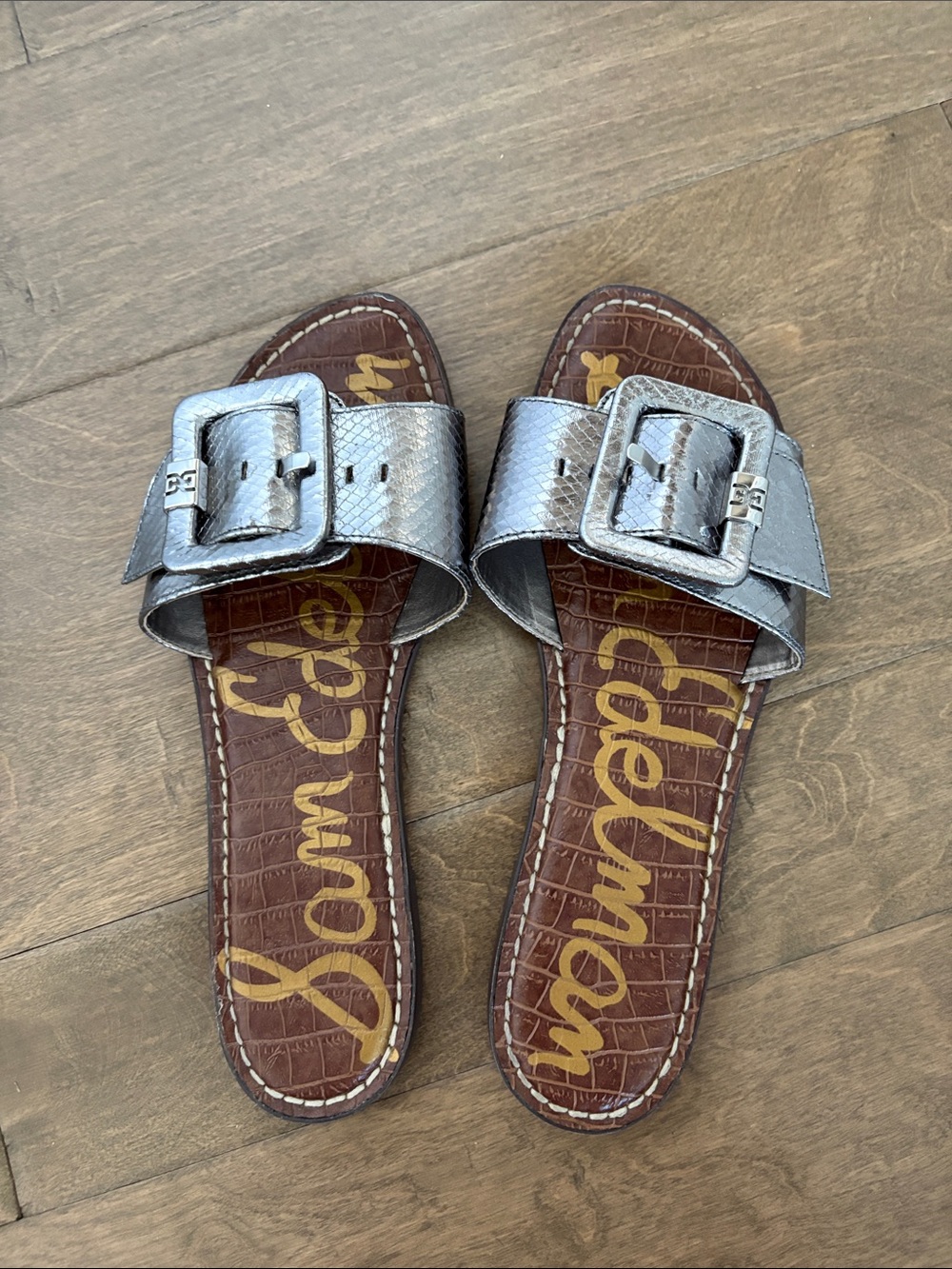 Sam Edelman Granada Metallic Silver Buckle Slide On Sandals Size 8.5